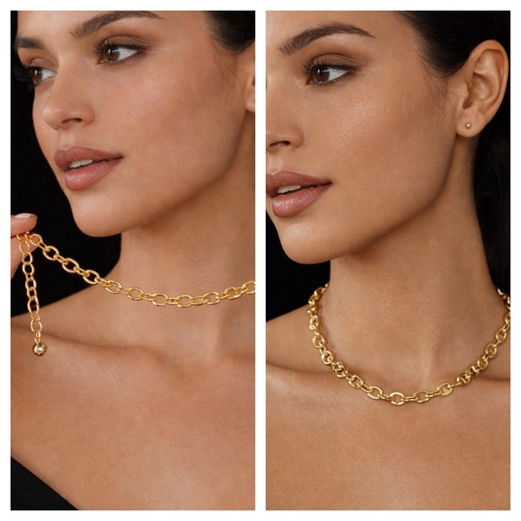 Jewelry - Gold Tone Link Chain Necklace Adjustable Clasp 16" Extender clasp